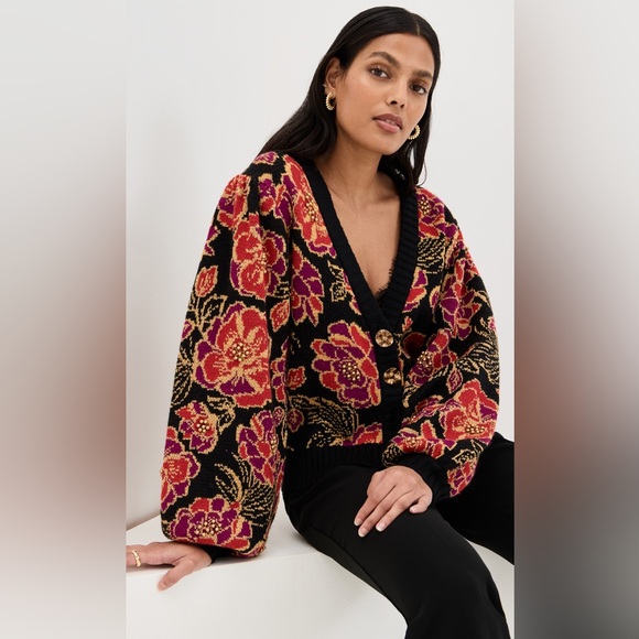 LIKE NEW FARM Rio Floral Shiny Chita Knit Cardigan Sweater - Picture 11 of 11